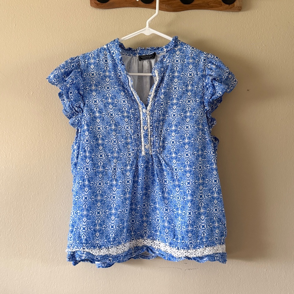 Vineyard Vines Mosaic Lace Pintucks Trim Cora Print Blouse Flutter Sleeve size L